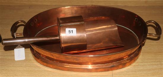 A Harrods copper fish kettle and a copper scoop